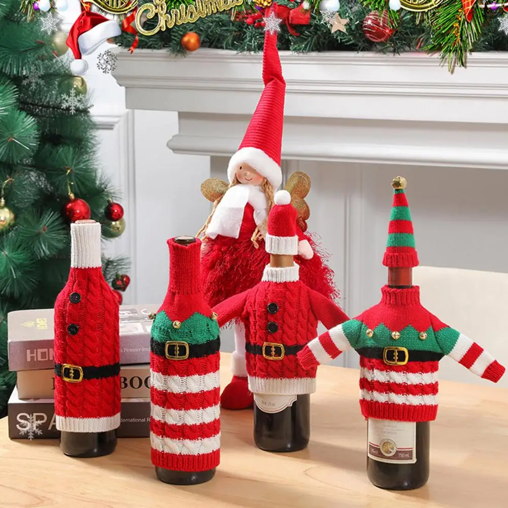 Christmas Wine Bottle Cover Knitted Xmas Bottle Sweater with Santa Hat for Wine Champagne Beer Bottles Holiday Party Decoration