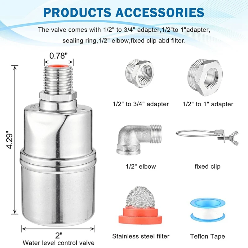 1/2Inch 3/4Inch 1Inch Automatic Float Valve, 304 Stainless Steel Fully Automatic Water Level Control Float Valve