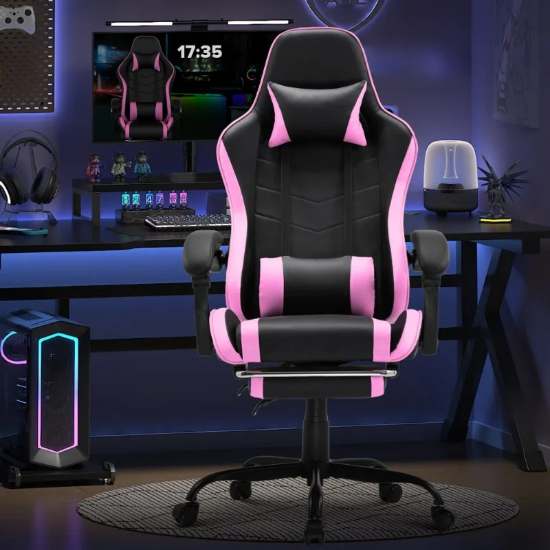 Gaming Chair with Footrest, Height Adjustable Office Swivel Recliner, Pink chaise gaming  game chair  furniture