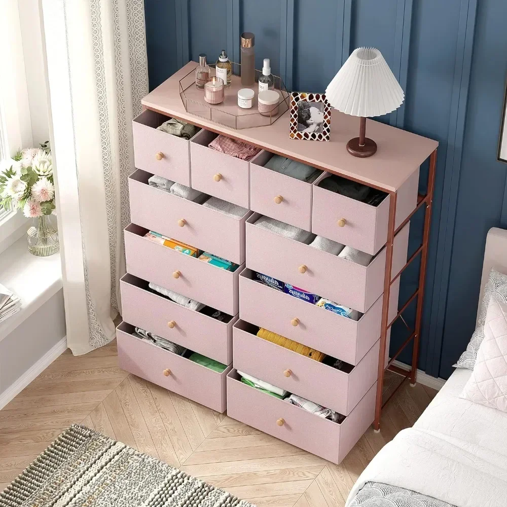 

Bedroom with 12 Drawers Dressers for Pink Chest of Drawers with Wood Top, Metal Frame, Tall Dressers for Living Room