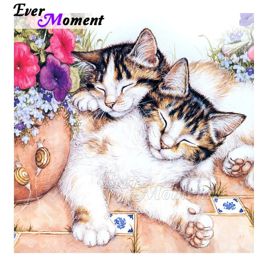 

Алмазная картина Ever Moment, мозаика, кошки, цветы, 3D, полная квадратная круглая дрель, вышивка крестиком, картина со стразами, вышивка ASF1678