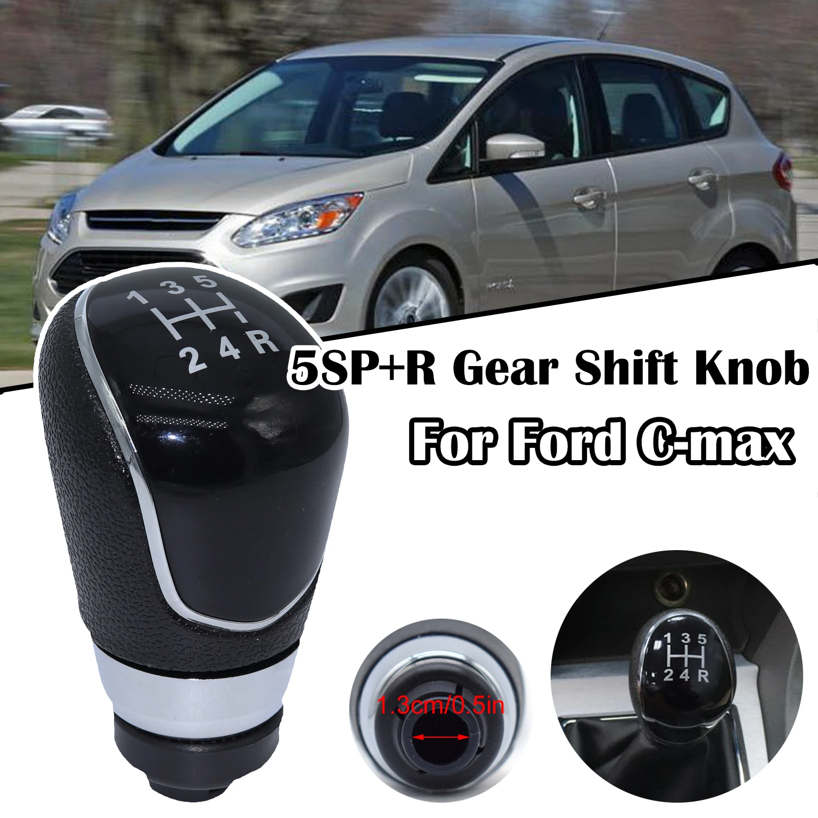 

Pu Leather 5SP+R Gear Shift Knob GearStick Lever Pen Shifter Handball Chrome M12 Black For Ford C-max FL2007 2008 2009 2010