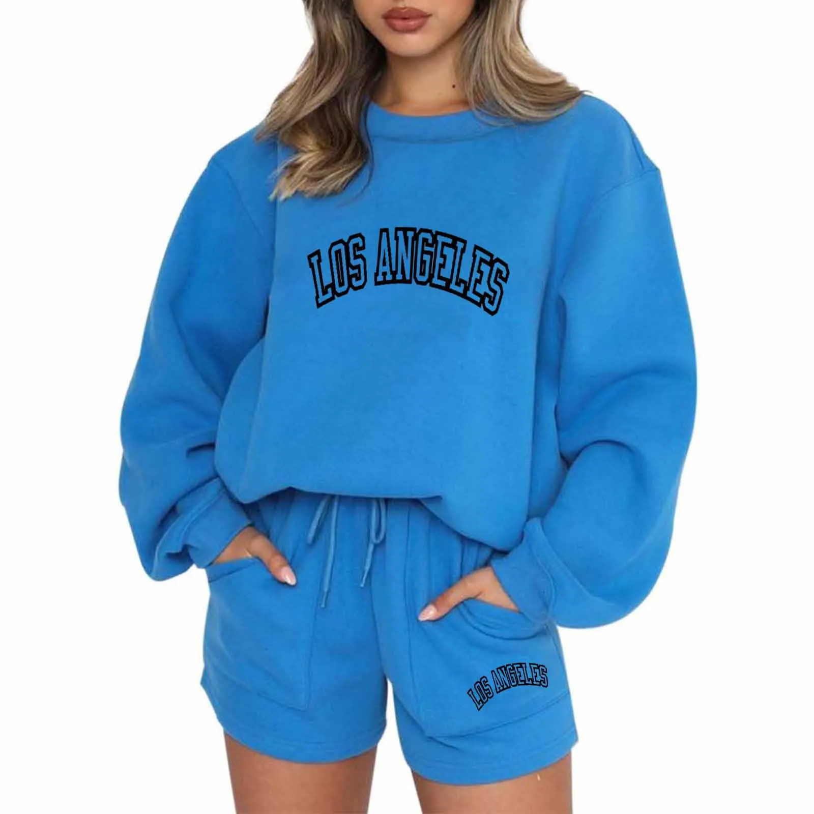 Letter Print Sport Pocket Suit 2 Piece Set Women's 2024 Winter Thick Warm Long Sleeve Sweatshirt And Shorts Two Piece Sets Women