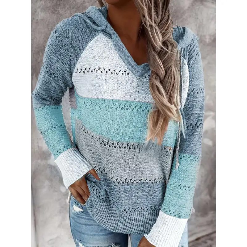 Color Block Casual Long Drawstring Hooded Pullover Sweater Women's Fashion Spring 2026 Other Style Other Material 100%