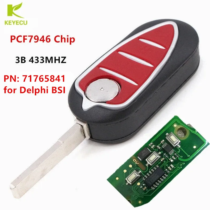 

KEYECU Replacement 3 Buttons Flip Key Remote Fob 433MHz PCF7946 Chip For Alfa Romeo Mito (Delphi BSI) 2008- 2016 P/N 71765841