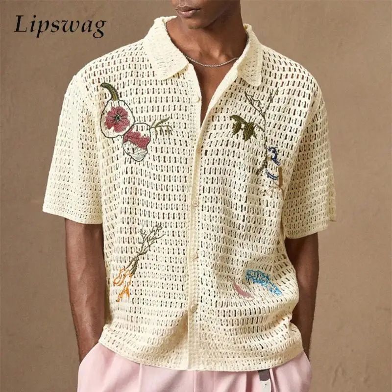 Stylish Florals Crochet Mens Knit Shirt 2025 Summer Outdoor Casual Hollow Out Embroidery Shirts Vintage Men Knitted Cardigan Top