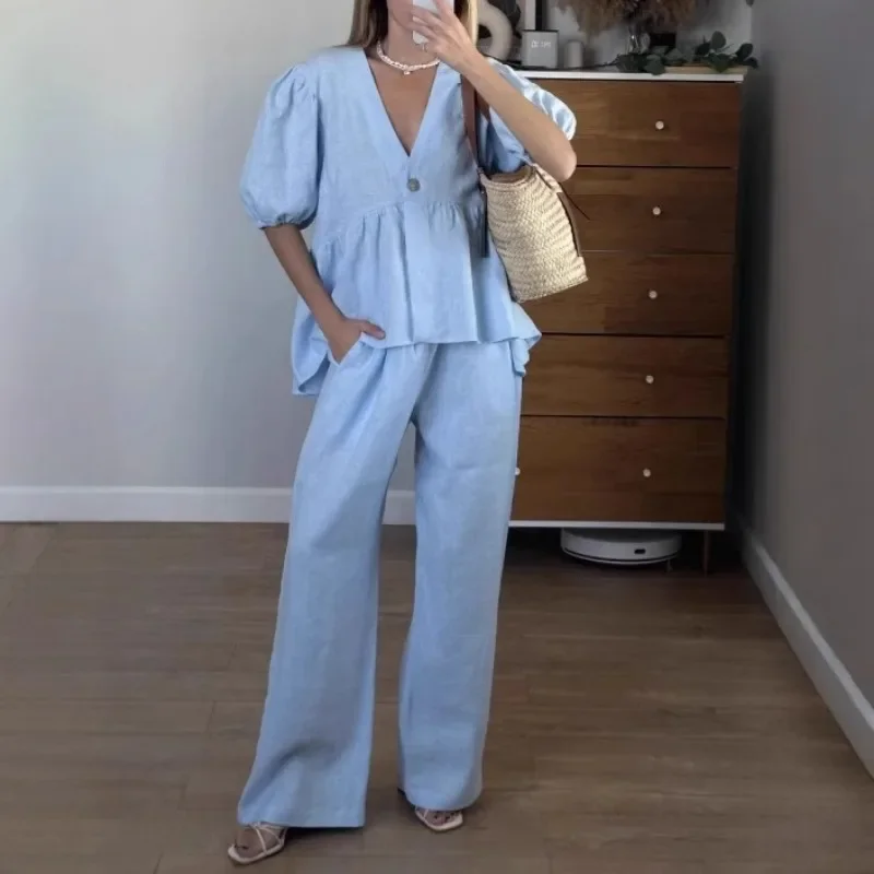 

2025 100% Cotton Linen Casual Loose Long Pants Suits Fashion Half Bubble Sleeve V-neck One Button Shirt Set Summer Street Outfit