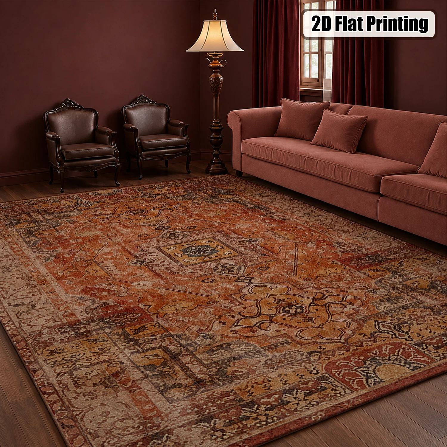 Large Indoor Area Rug, Soft Velvet Low Pile with Non-slip Dotted Backing, Machine Washable Vintage Distressed Persian Terracotta Rug for Living Room, Bedroom, Dining Room - view 5