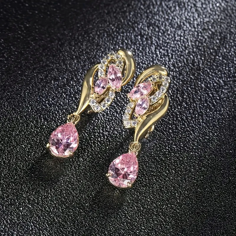 Huitan Trendy Pink Cubic Zircon Dangle Earrings for Women Gold Color Luxury Wedding Accessories Temperament Elegant Lady Jewelry