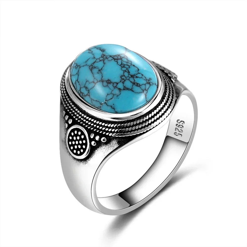 Natural 10x14MM Oval Turquoise Rings Sterling Silver Ring for Men Women Luxury Vintage Fine Jewelry Anniversary Party Gift