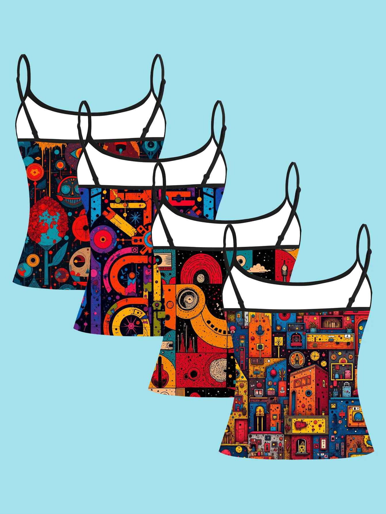 4-Piece Set of Vintage Fairy Tale Collage Illustration Printed Camisole Tops for Women, Colorful Cartoon City Geometric Art Slim-Fit Spaghetti Strap Tops