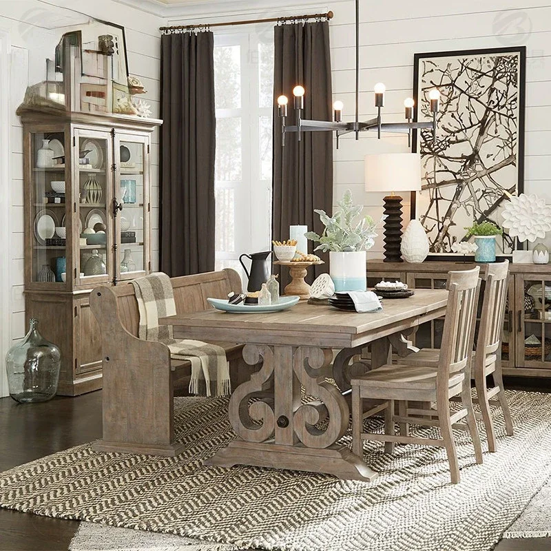 

American-Style Solid Wood Dining Table Country Villa Light Luxury Dining Table Rectangular