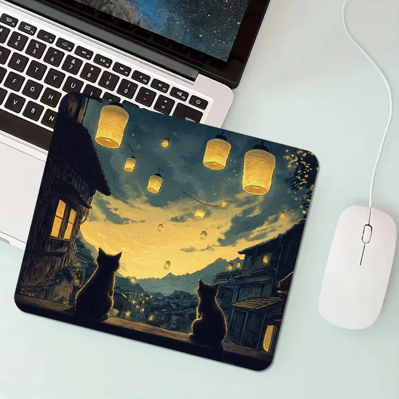 

The cat and Lantern Night view anti-slip rubber mouse pad portable office desk pad is suitable for both office and home use