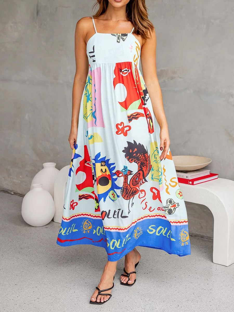 

Women Bobo Floral Print Maxi Cami Dress Summer Ladies Casual Sleeveless Spaghetti Strap Dress Flowy Long Sun Dress