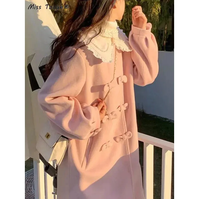 Pink Kawaii Warm Wool Coat Winter Women Bow Sweet Long Outwear Jackets Female Korean Fashion Designer Thick Overcoat 2024 N NM33