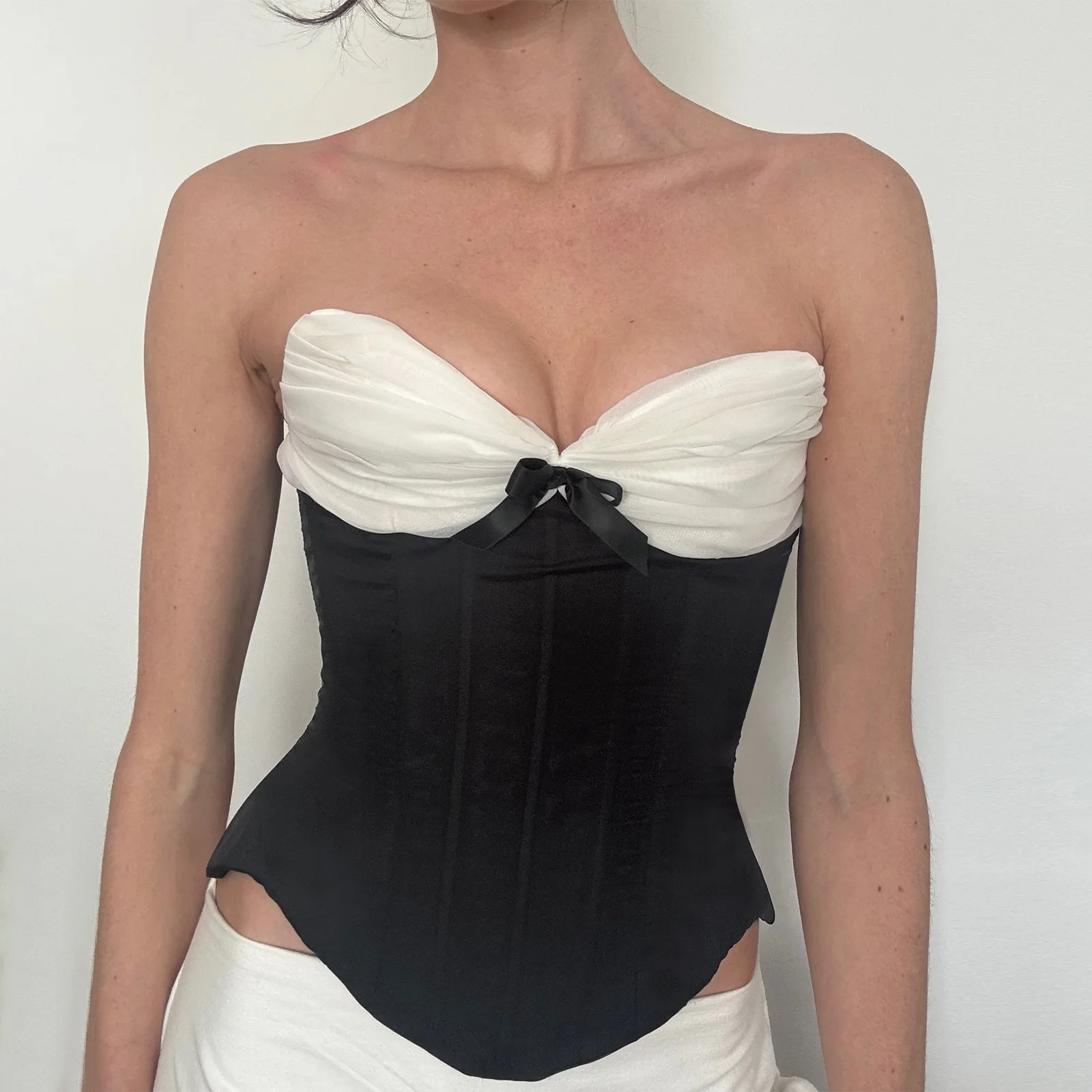 Women Black White Ruched Mesh Corset Top Bow Decor Sweetheart Neck Strapless Party Bustier