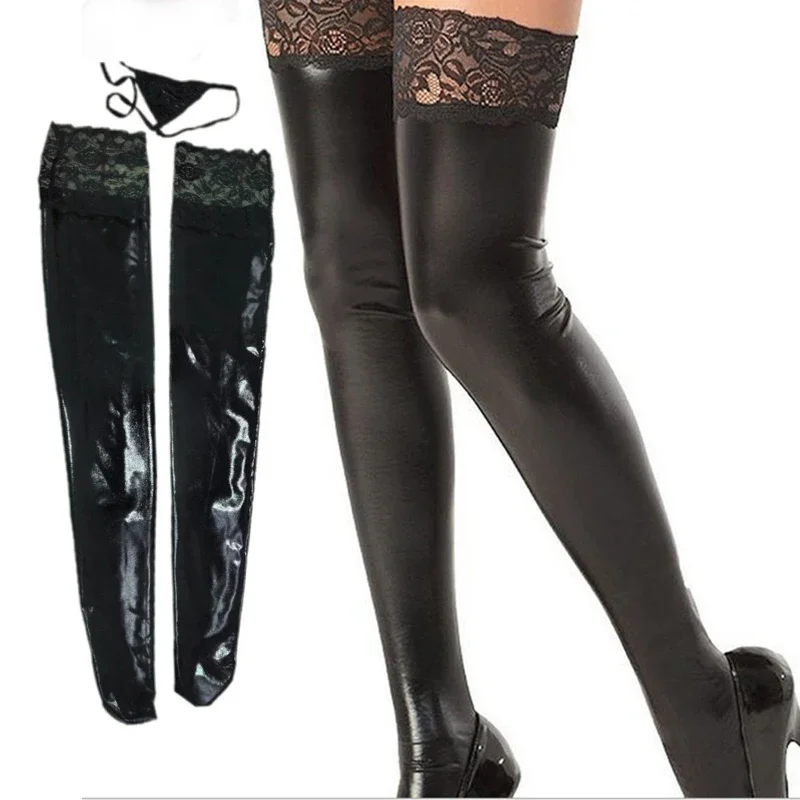 

Women Sexy Lace Lingerie Stockings PU Leather Patchwork Stockings Over Knee Long Thigh High Stockings Clothing Black