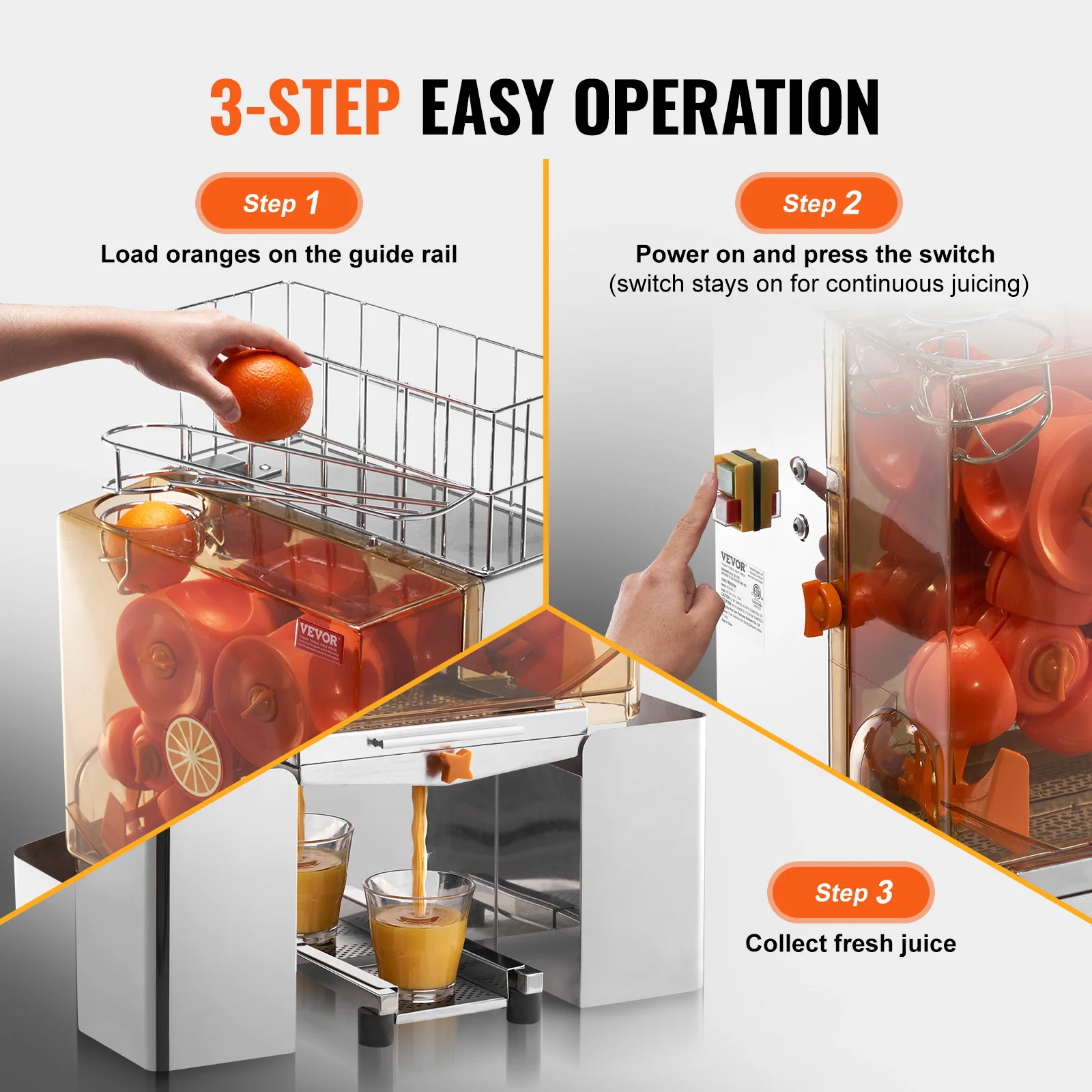 VEVOR Commercial Orange Juicer Machine Automatic Juice Extractor Stainless Steel Orange Squeezer with Pull-Out Filter Box 