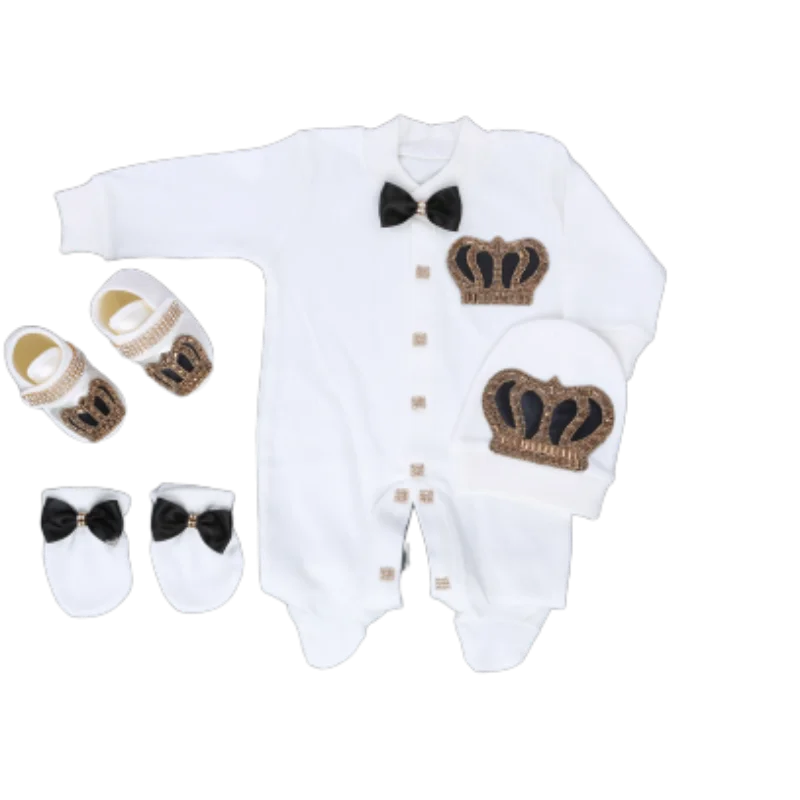 Footed Romper Newborn 0-9 Months 4 Piece Set White Black Gold Crown Bow Prince Royal Boutique Baby Shower Gift With Hat Mittens