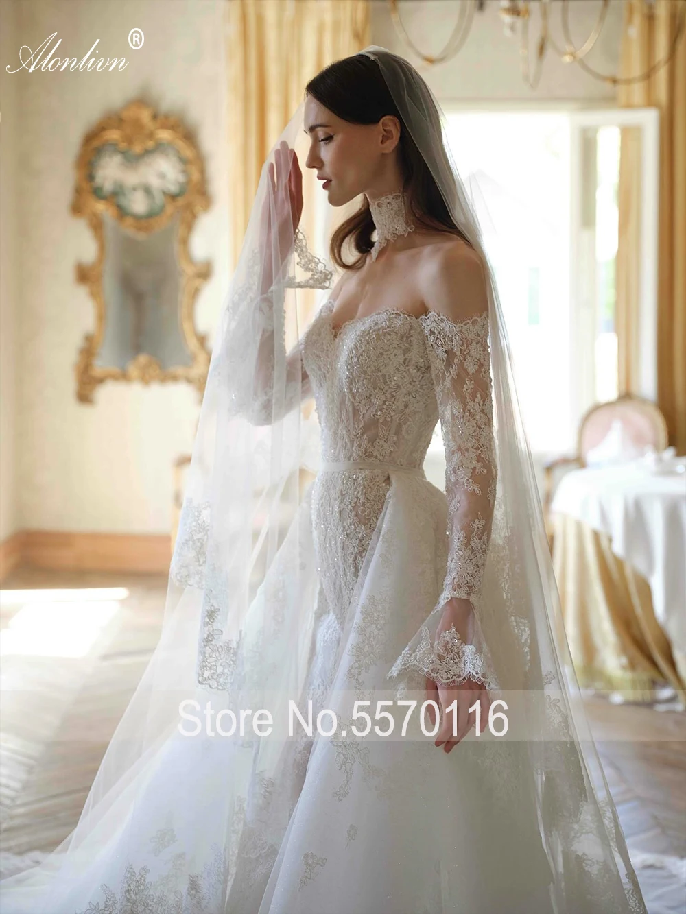 فساتين زفاف Alonlivn مصنوعة حسب الطلب من الدانتيل الساحر حورية البحر عاري الكتفين وأكمام طويلة ذيل قابل للإزالة 2 في 1 فساتين العروس