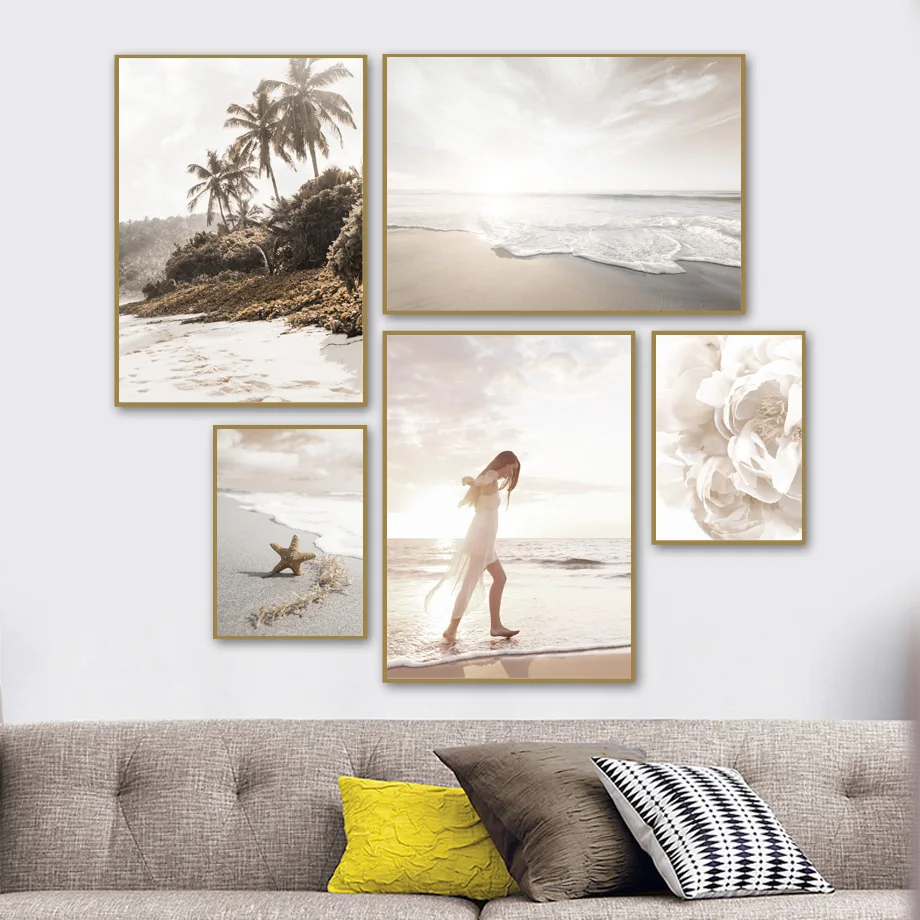 Beach Travel Landscape Wall Art Mural sea wave Canvas Painting Coconut Tree Poster Woman Flower Print Pictures Living Room Decor