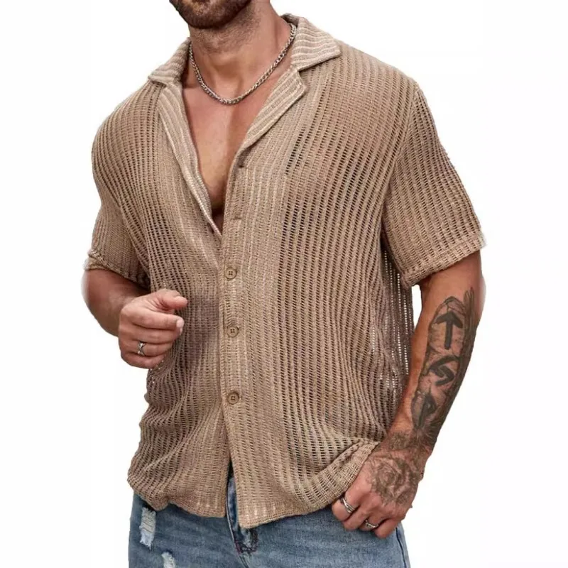 

Sexy Hollow Out Knitted Shirt Lapel Men Summer Breathable See-through Beach Tops Mens Short Sleeve Shirts Button Streetwear Chic