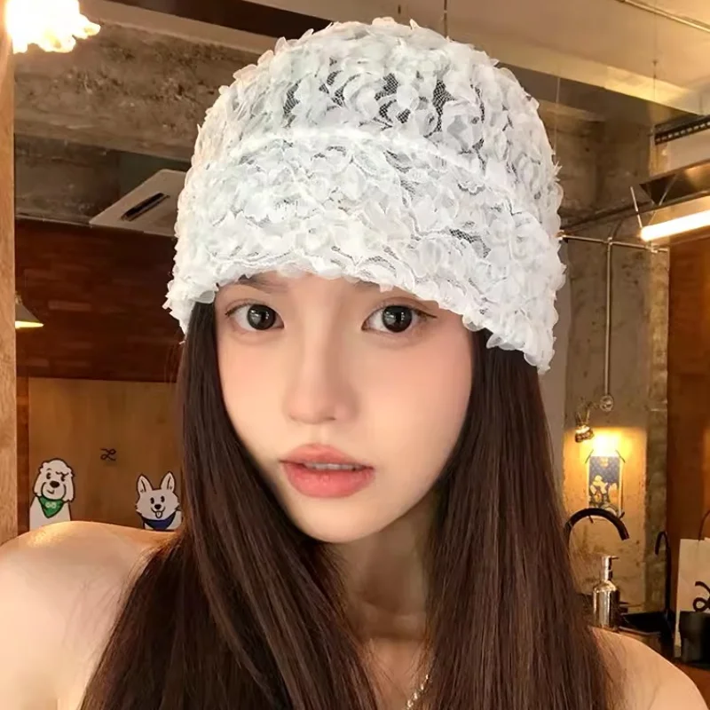 Korean Version Ins Lace Flower Knitted Pullover Hats Women Summer Thin Breathable Sweet Versatile Fashion Beanies Cap Y2k