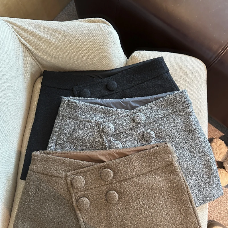 Women's Autumn Winter Chic Double Breasted Side Zipper Mini Skirt Lady Streetwear Solid Color Wool&blend Short Skirt