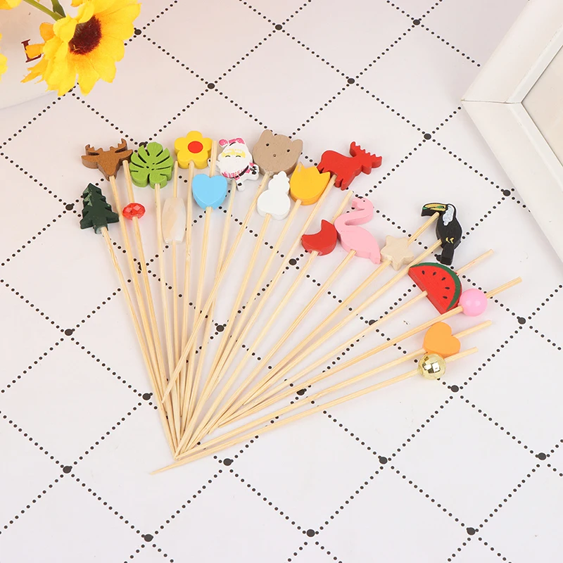 100Pcs Mix Fruit Bamboo Pick Buffet Cactus leaves Cupcake Fruit Fork Salad Stick