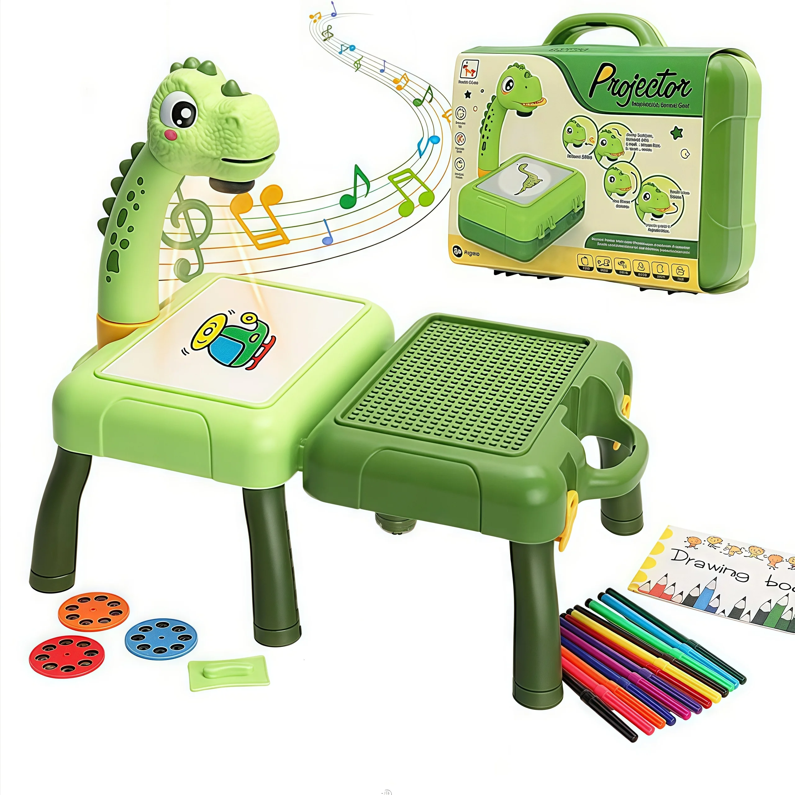 ชุดโต๊ะวาดภาพโปรเจคเตอร์สำหรับเด็กพร้อมดนตรีและกล่องเก็บของ ชุดวาดภาพเพื่อการศึกษาสำหรับเด็ก ของขวัญวันเกิด/คริสต์มาสที่ดีที่สุด
