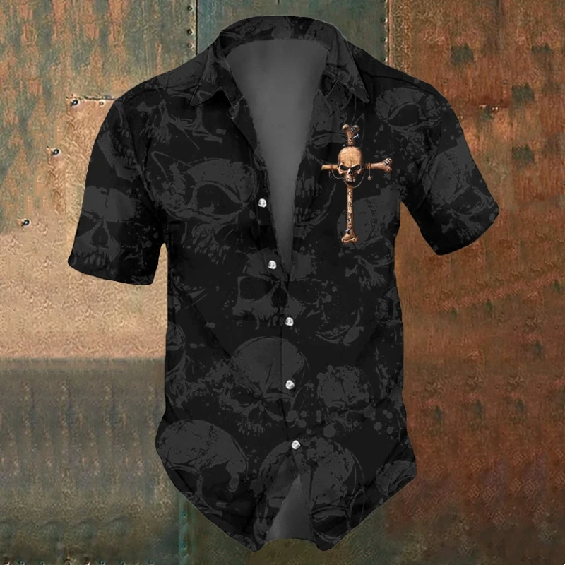 Camisa de manga corta con estampado de calavera 3d para hombre, camisas con calavera, moda urbana, ropa para hombre, Tops góticos, camisas hawaianas Vintage de gran tamaño