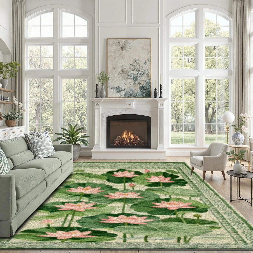 Spring Lotus Floral Pattern Decor Area Rug, Durable Non‑Slip Machine Washable Floor Mat for Under Bed Indoor Outdoor Home