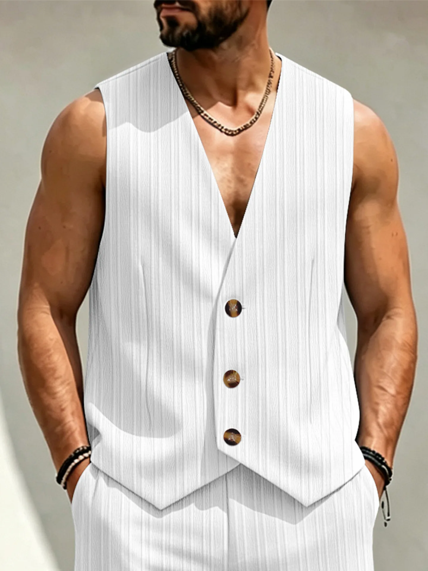 Summer Men's Vest Fashion Solid color V-neck Striped Button Casual Top Outdoor Male Sports Sleeveless Vest New Men's streetwear