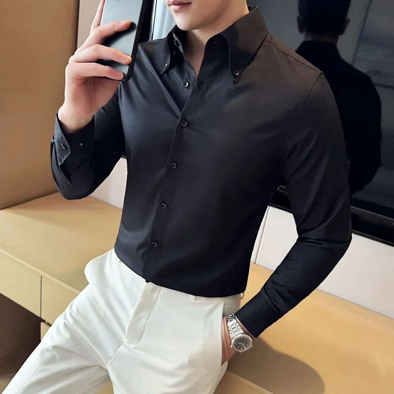 Plus Size 6XL-M Luxury Solid Color Big Neck Shirts For Men High Quality Long Sleeve Slim Fit Shirt Formal Social Party Tuxedo