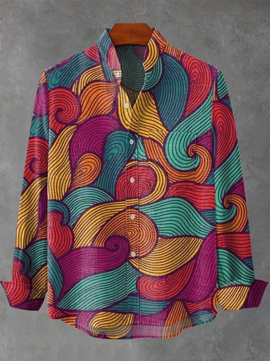 New men's style long sleeved linen shirt 3D printed color blocked casual street fashion long sleeved shirt top
