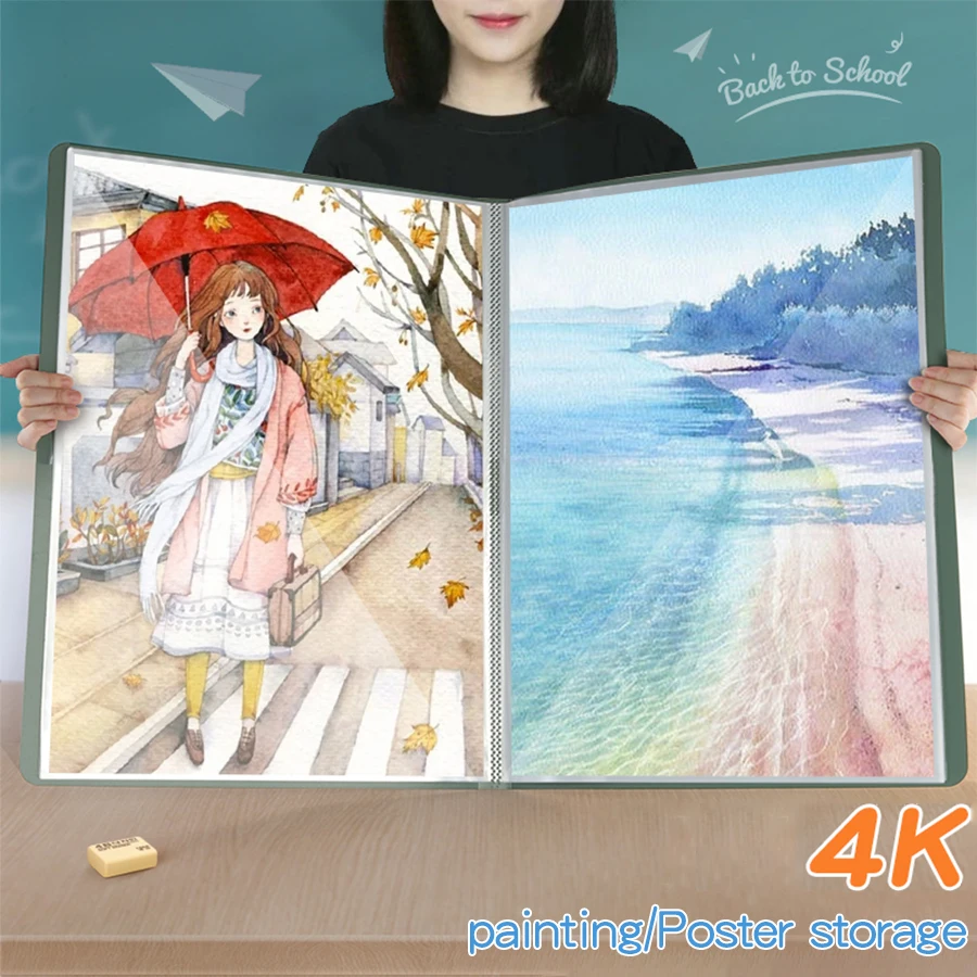 4K Folder Large Capacity Portfolio for Movie Engineering Posters, 4-Size Transparent Insert Pages Album, Children's Art Paper St