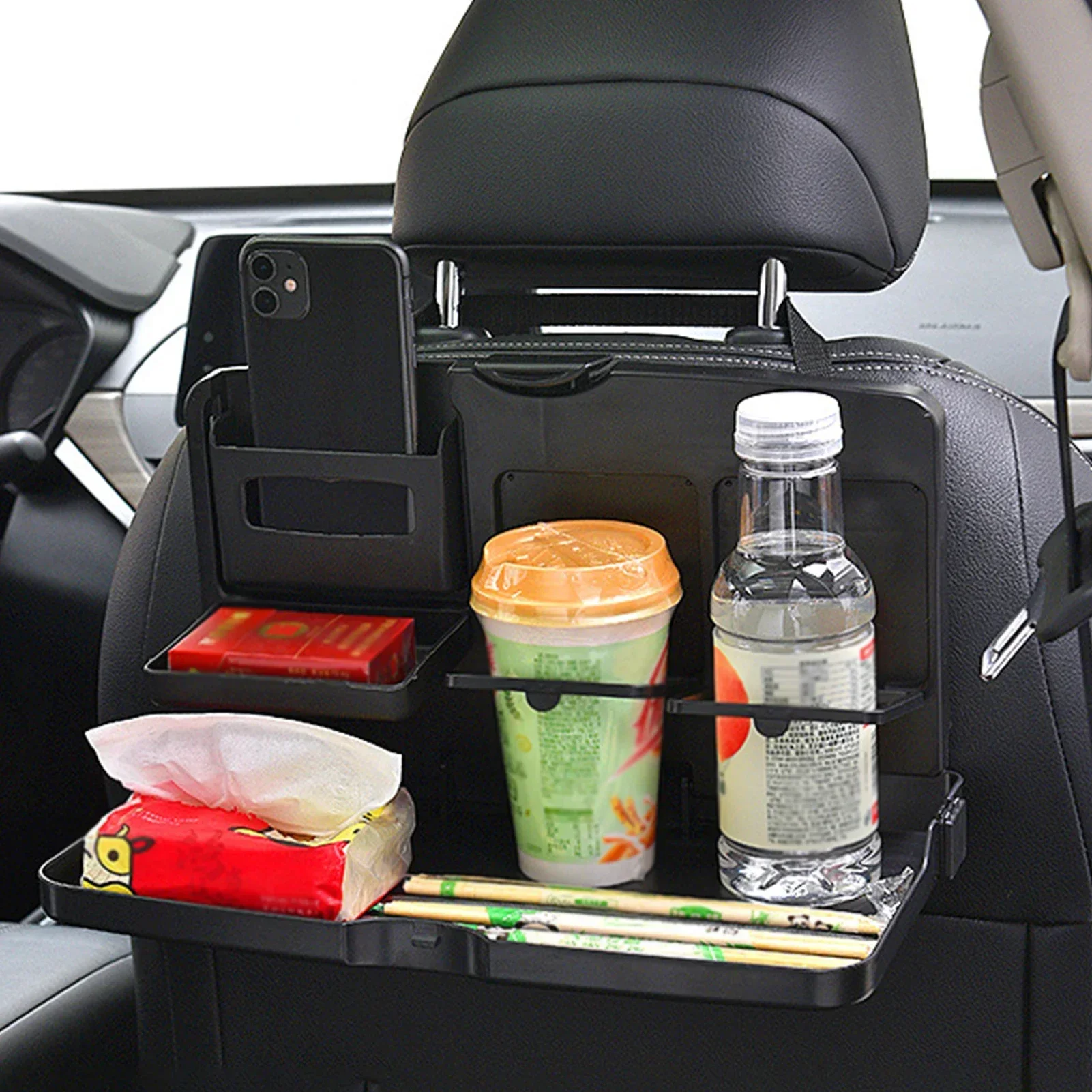Car Back Seat Foldable Dining Table - Large Capacity Vehicle Food Tray with Cup Holders Thickened Material Stable Auto Accessory