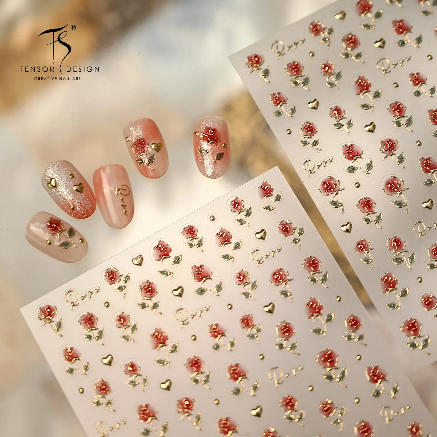 5D reliëf romantische retro mistige roos nagelstickers elegante lichte karmijnrode bloemen gouden liefdeshartstickers manicure accessoires