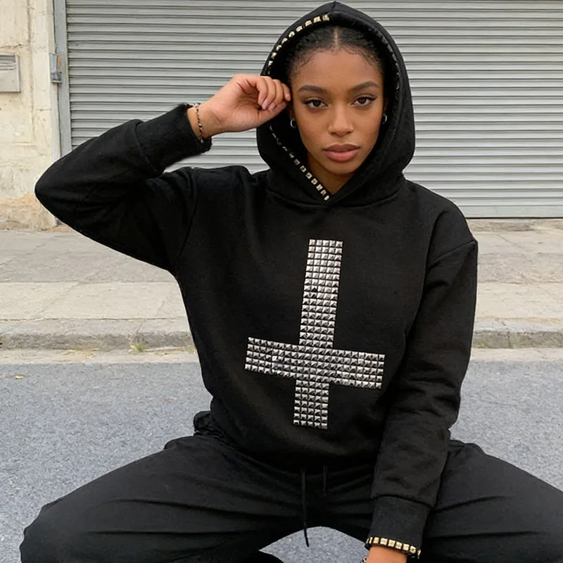 

Европейско-американский модный асимметричный худи с квадратными стразами и крестом, с длинными рукавами, повседневный, в готическом стиле Харадзюку, винтажный, свободный пуловер