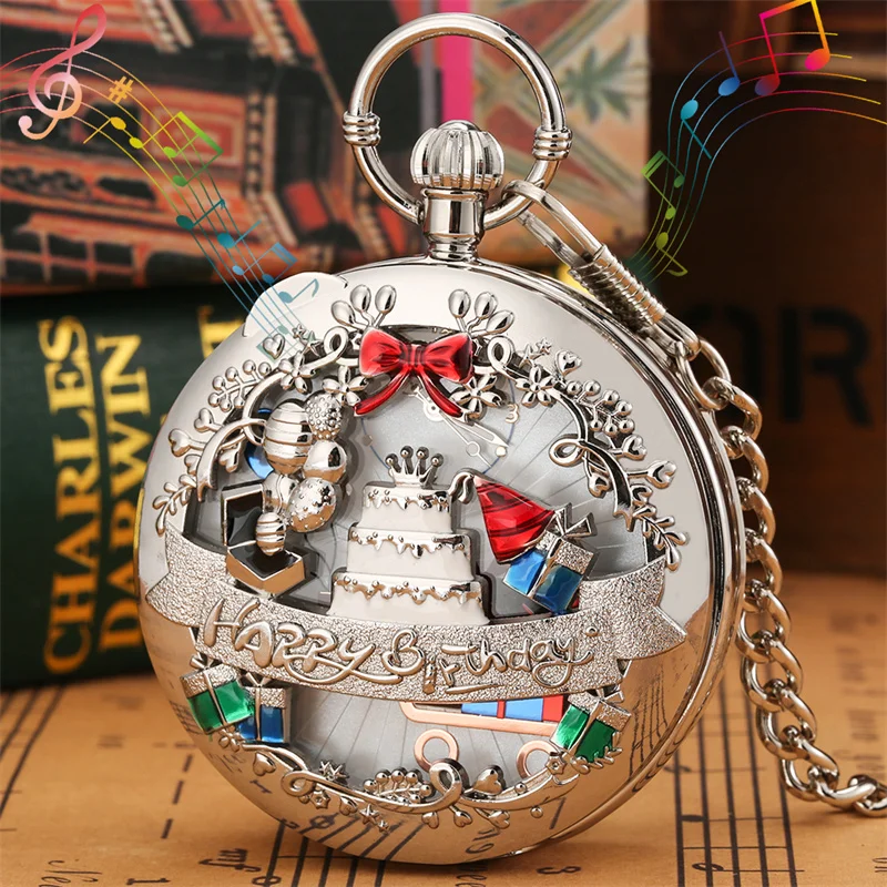 Vintage Birthday Themed Musical Pocket Watch Plays Happy Birthday Melody Timepiece Pendant Quartz Movement Clock Unique Present