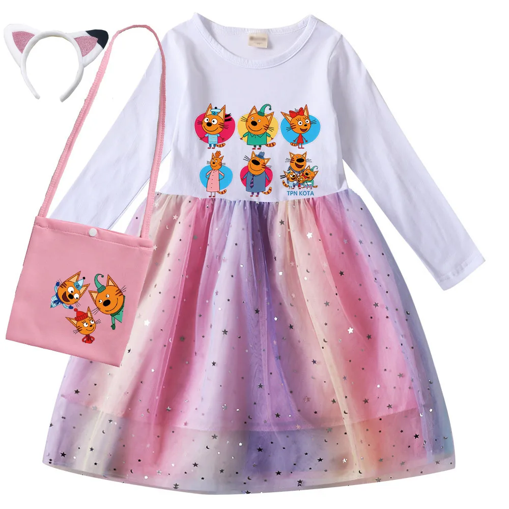 Autumn Girls Kid e cats dress Kids Russian Три кота My Family Three Happy Cats clothes children Casual long sleeve Dresses & bag