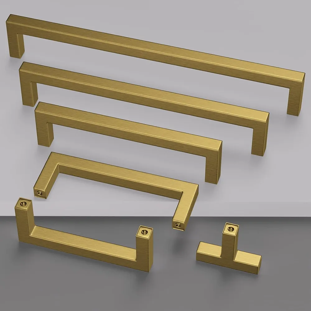 MARUAT Brushed Brass Square Drawer Pulls Modern American Gold Handles Kitchen Cabinet Furniture Hardware and Dresser Pulls