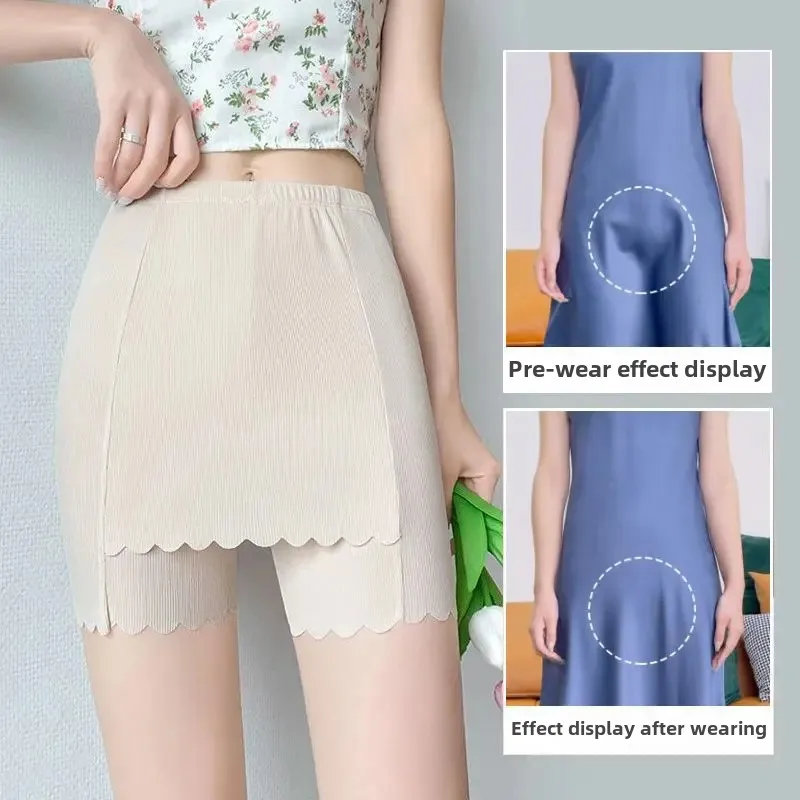 Ice Silk Safety Pants Women's Anti-Light Summer Thin Abdomen Double Layer No Trace No Roll Edge Base Pants Women