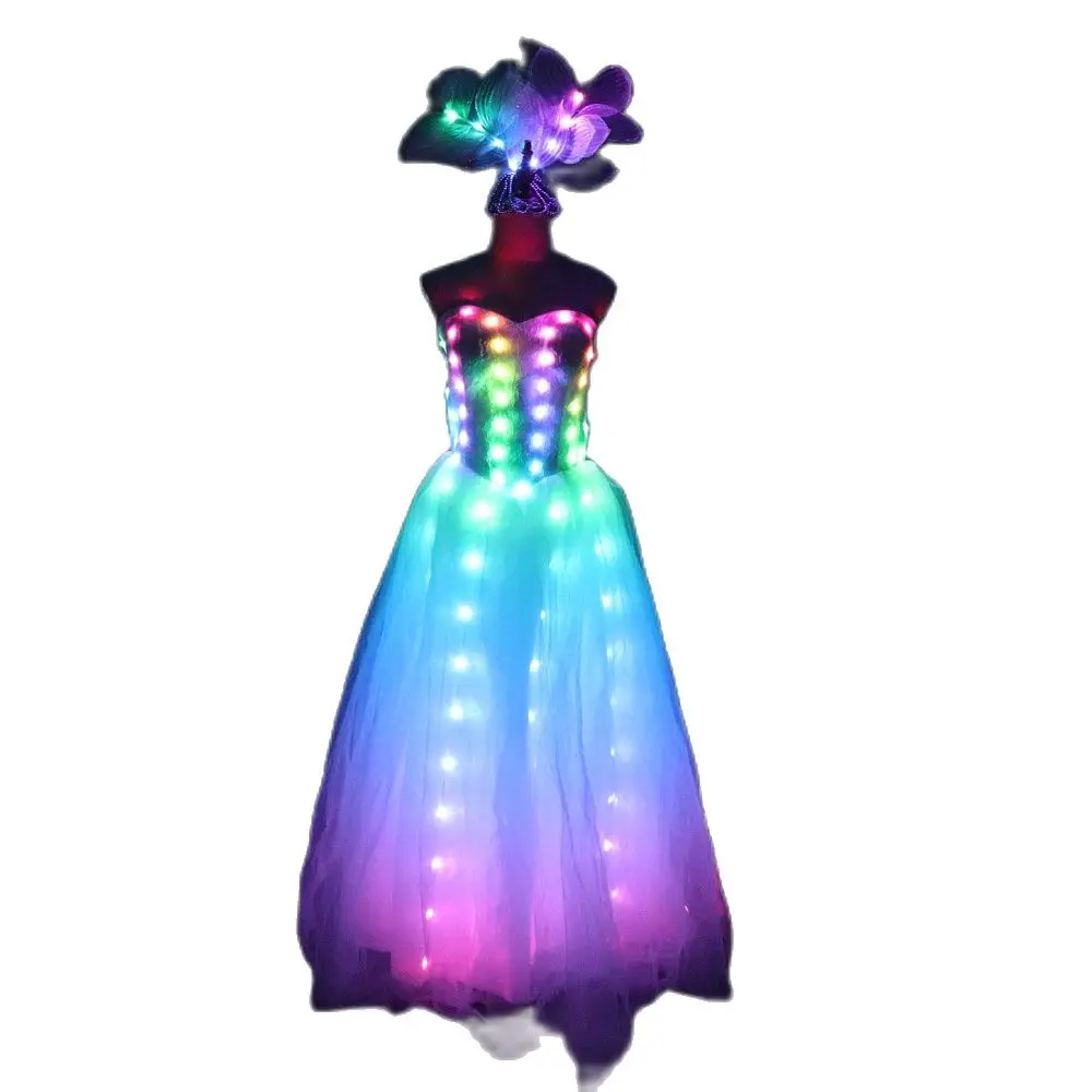 Full Color Pixel LED Skirt Dreamy luminous Wedding Dress Wings Bodysuit Women Singer Stage Costume Party Show Dancer Performance