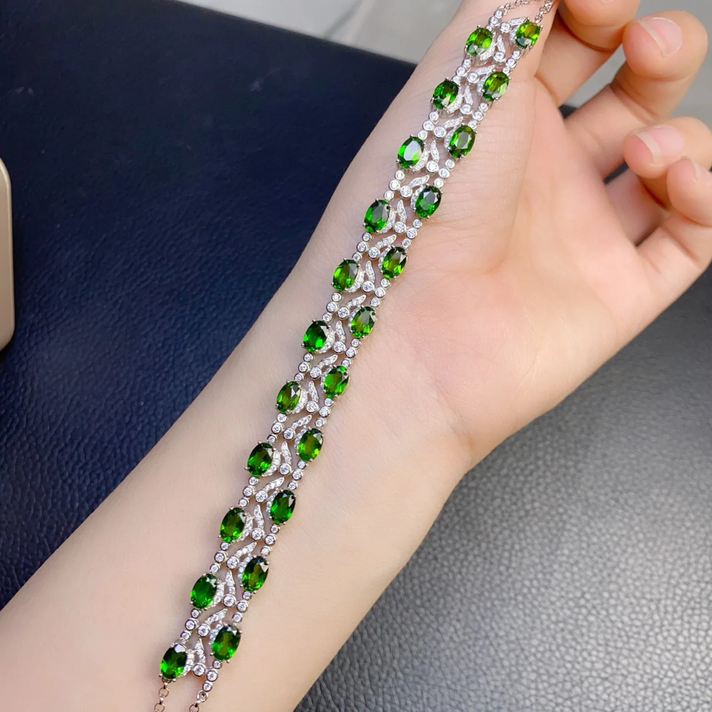 S925 Sterling Silver White Gold‑Plated Natural Diopside Bracelet,4*6mm Oval Gemstone Multi‑Layer Chain Jewelry for Women