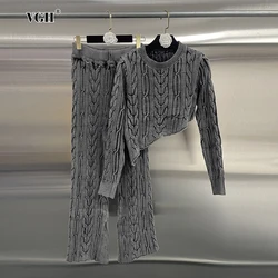 VGH Knitted Two Piece Sets For Women Round Neck Long Sleeve Irregular Sweater High Waist Flare Pants Slimming Suit Female Autumn