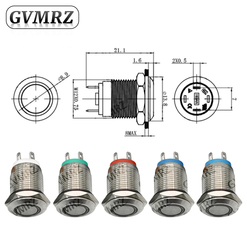 12mm Waterproof Metal Push Button Switch LED Light Momentary Latching Car Engine Power Switch 6V 12V 24V Red Blue Green