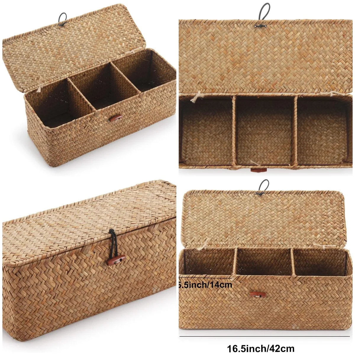 

Корзина для бака из морских водорослей с крышкой, прямоугольное хранилище для туалетных рулонов, 16,5 дюйма Д x 5,5 дюйма Ш, натуральная