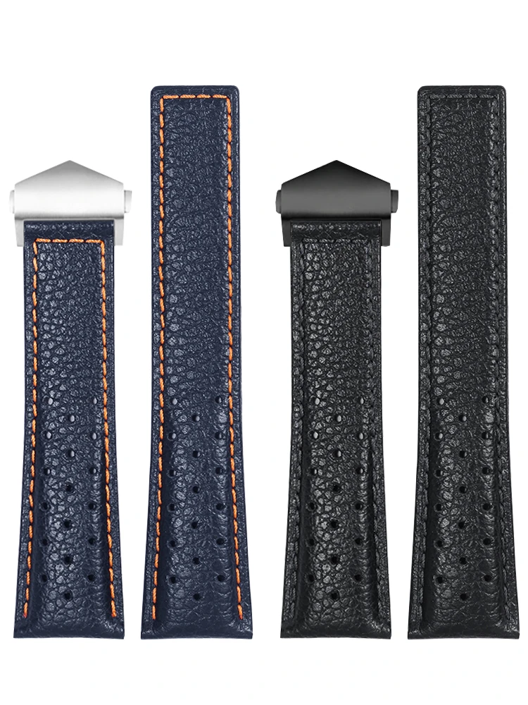 Solid Stainless Steel Folding Buckle Watch Strap for Tag Heuer Monaco Gulf Series Breathable Genuine Cowhide Watchbands 22mm