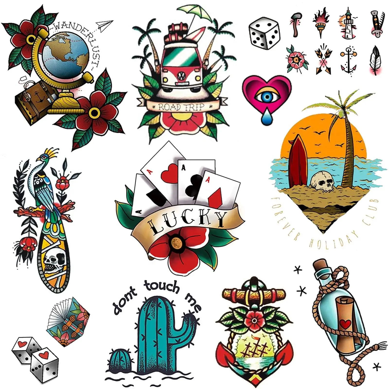 Traditional Temporary Tattoos - Old School Vintage Classic Cool Stickers Sailor Jerry Style Flower Globe Beach Coconut Tree Skul